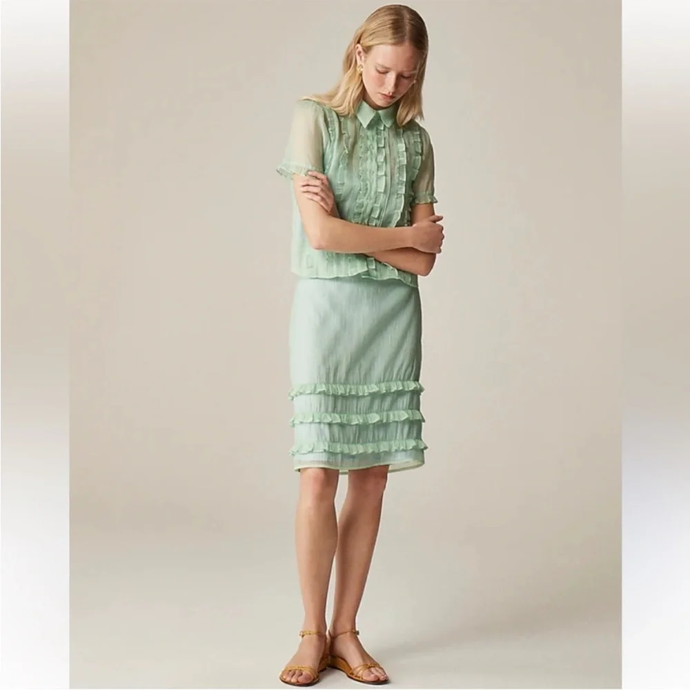 J Crew Skirt 8 Sheer Crinkled Ruffle-Trim Slip Green - Picture 2 of 12
